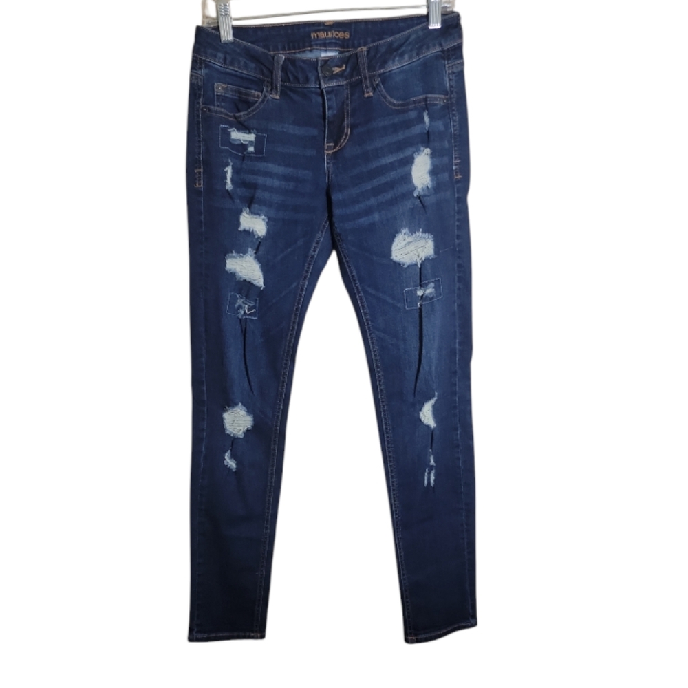 Maurices distressed low rise skinny jeans womens size 3/4 blue denim stretch